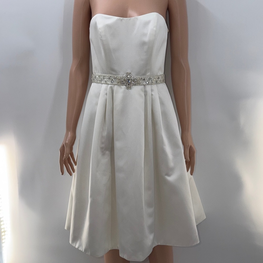 Galina 4 Ivory Strapless Satin Short Crystal Belt Bridal Reception Elopement